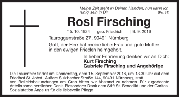 Traueranzeige von Rosl Firsching von Gesamtausgabe Nürnberger Nachrichten/ Nürnberger Ztg.