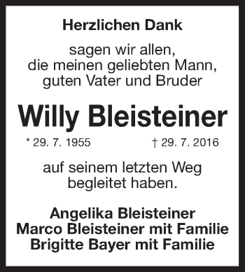 Traueranzeige von Willy Bleisteiner von Gesamtausgabe Nürnberger Nachrichten/ Nürnberger Ztg.