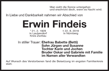 Traueranzeige von Erwin Findeis von Gesamtausgabe Nürnberger Nachrichten/ Nürnberger Ztg.