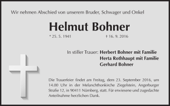 Traueranzeige von Helmut Bohner von Gesamtausgabe Nürnberger Nachrichten/ Nürnberger Ztg.