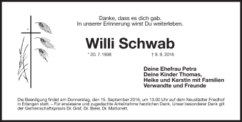 Traueranzeige von Willi Schwab von Erlanger Nachrichten Lokal