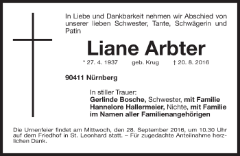 Traueranzeige von Liane Arbter von Gesamtausgabe Nürnberger Nachrichten/ Nürnberger Ztg.