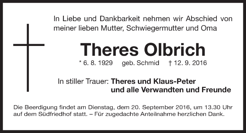  Traueranzeige für Theres Olbrich vom 17.09.2016 aus Gesamtausgabe Nürnberger Nachrichten/ Nürnberger Ztg.