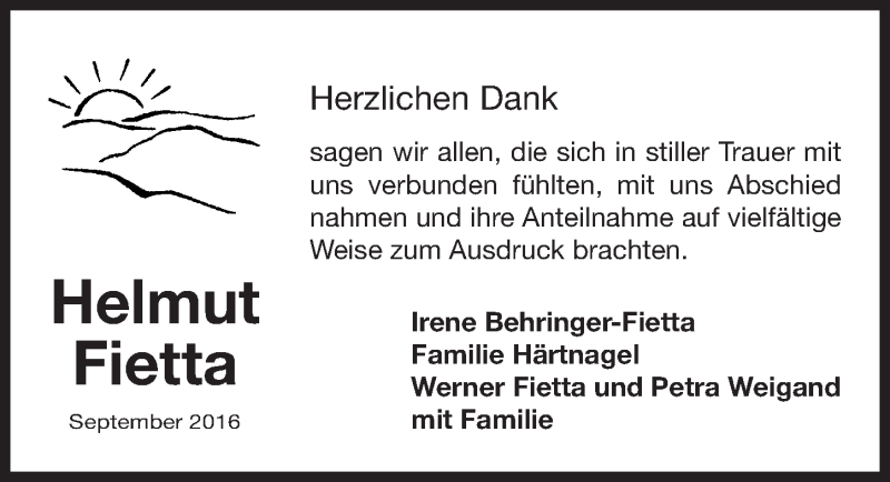  Traueranzeige für Helmut Fietta vom 14.09.2016 aus Gesamtausgabe Nürnberger Nachrichten/ Nürnberger Ztg.
