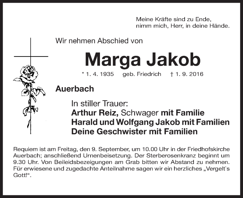  Traueranzeige für Marga Jakob vom 06.09.2016 aus Nordbayerische Nachrichten Pegnitz Lokal