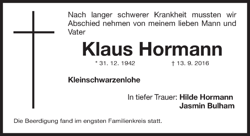  Traueranzeige für Klaus Hormann vom 21.09.2016 aus Gesamtausgabe Nürnberger Nachrichten/ Nürnberger Ztg.