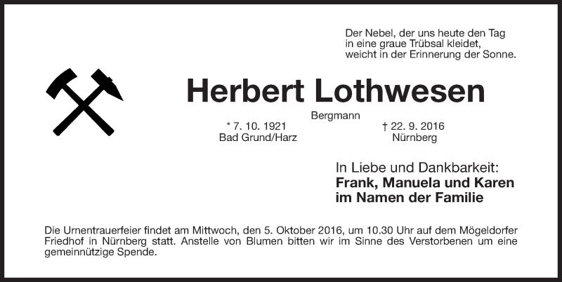  Traueranzeige für Herbert Lothwesen vom 01.10.2016 aus Gesamtausgabe Nürnberger Nachrichten/ Nürnberger Ztg.
