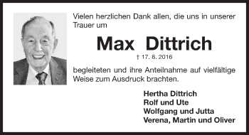 Traueranzeige von Max Dittrich von Gesamtausgabe Nürnberger Nachrichten/ Nürnberger Ztg.