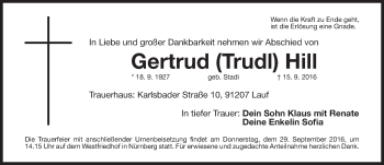 Traueranzeige von Gertrud Hill von Gesamtausgabe Nürnberger Nachrichten/ Nürnberger Ztg.