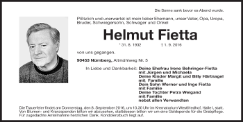 Traueranzeige von Helmut Fietta von Gesamtausgabe Nürnberger Nachrichten/ Nürnberger Ztg.