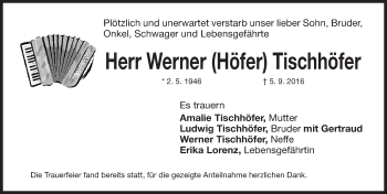 Traueranzeige von Werner Tischhöfer von Gesamtausgabe Nürnberger Nachrichten/ Nürnberger Ztg.