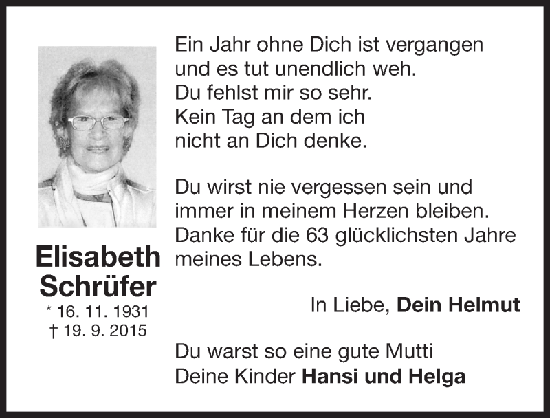  Traueranzeige für Elisabeth Schrüfer vom 19.09.2016 aus Erlanger Nachrichten Lokal