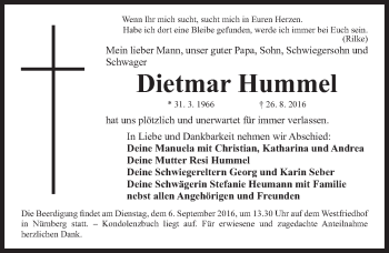 Traueranzeige von Dietmar Hummel von Gesamtausgabe Nürnberger Nachrichten/ Nürnberger Ztg.