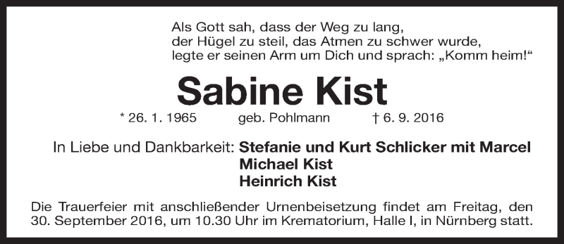  Traueranzeige für Sabine Kist vom 28.09.2016 aus Gesamtausgabe Nürnberger Nachrichten/ Nürnberger Ztg.
