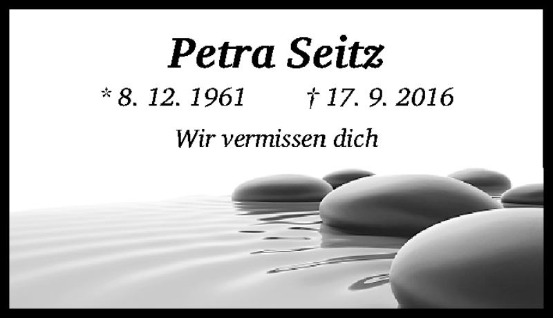  Traueranzeige für Petra Seitz vom 20.09.2016 aus Erlanger Nachrichten Lokal