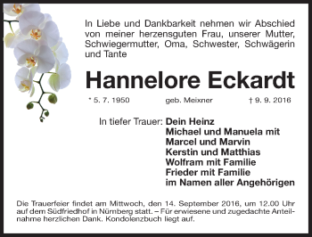 Traueranzeige von Hannelore Eckardt von Gesamtausgabe Nürnberger Nachrichten/ Nürnberger Ztg.