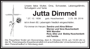 Traueranzeige von Jutta Dimmel von Gesamtausgabe Nürnberger Nachrichten/ Nürnberger Ztg.