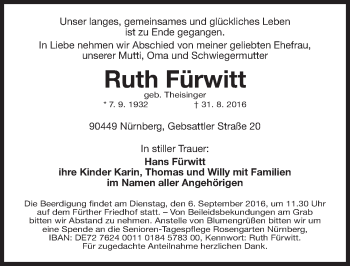 Traueranzeige von Ruth Fürwitt von Gesamtausgabe Nürnberger Nachrichten/ Nürnberger Ztg.