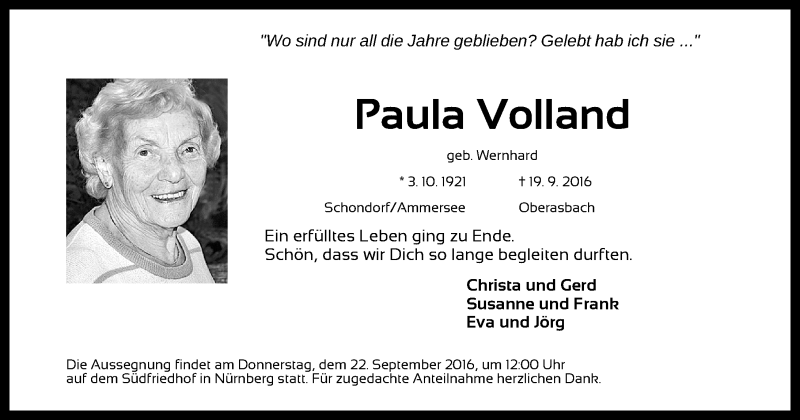  Traueranzeige für Paula Volland vom 21.09.2016 aus Gesamtausgabe Nürnberger Nachrichten/ Nürnberger Ztg.