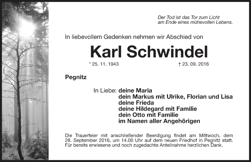  Traueranzeige für Karl Schwindel vom 24.09.2016 aus Nordbayerische Nachrichten Pegnitz Lokal