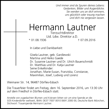 Traueranzeige von Hermann Lautner von Fürther Nachrichten Lokal