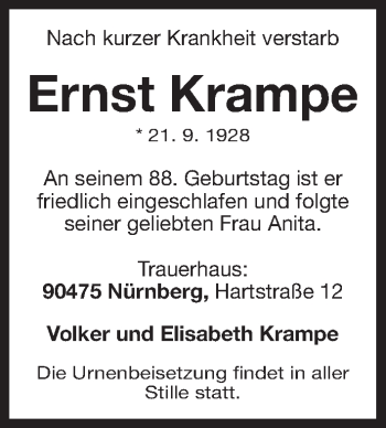 Traueranzeige von Ernst Krampe von Gesamtausgabe Nürnberger Nachrichten/ Nürnberger Ztg.