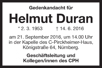 Traueranzeige von Helmut Duran von Gesamtausgabe Nürnberger Nachrichten/ Nürnberger Ztg.