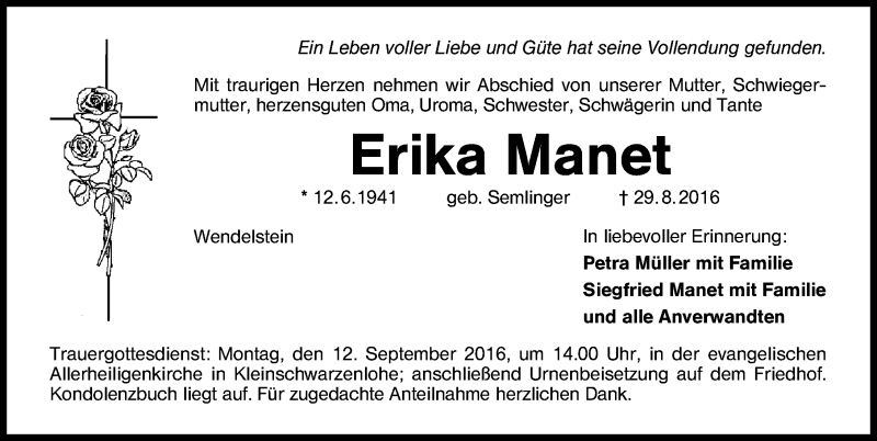  Traueranzeige für Erika Manet vom 10.09.2016 aus Schwabach