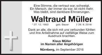 Traueranzeige von Waltraud Müller von Gesamtausgabe Nürnberger Nachrichten/ Nürnberger Ztg.
