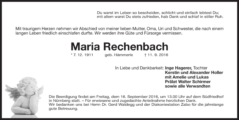  Traueranzeige für Maria Rechenbach vom 14.09.2016 aus Gesamtausgabe Nürnberger Nachrichten/ Nürnberger Ztg.