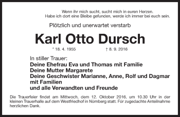 Traueranzeige von Karl Otto Dursch von Gesamtausgabe Nürnberger Nachrichten/ Nürnberger Ztg.