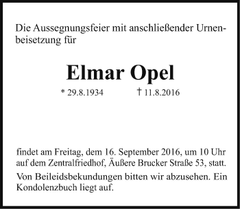 Traueranzeige von Elmar Opel von Erlanger Nachrichten Lokal