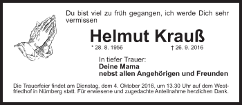 Traueranzeige von Helmut Krauß von Gesamtausgabe Nürnberger Nachrichten/ Nürnberger Ztg.