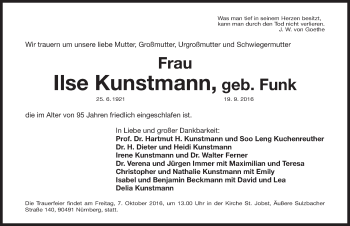 Traueranzeige von Ilse Kunstmann von Gesamtausgabe Nürnberger Nachrichten/ Nürnberger Ztg.