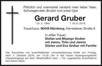 Traueranzeige von Gerard Gruber von Gesamtausgabe Nürnberger Nachrichten/ Nürnberger Ztg.