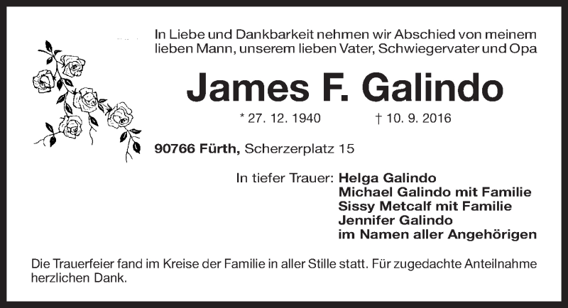  Traueranzeige für James F. Galindo vom 29.09.2016 aus Fürther Nachrichten Lokal