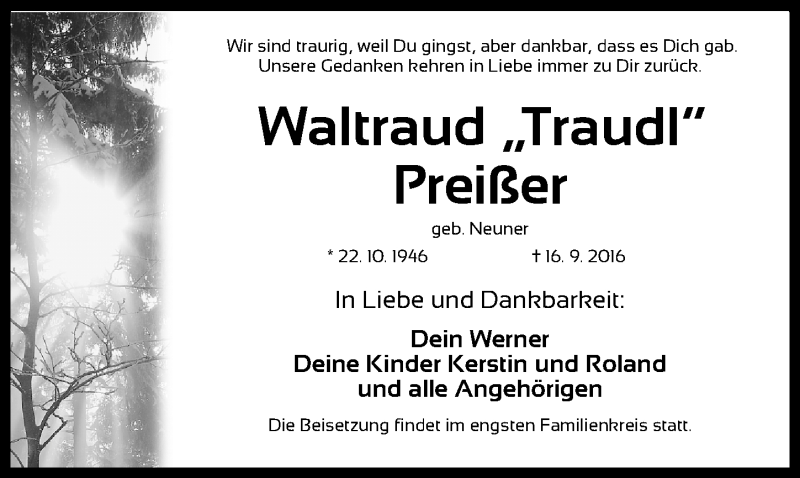  Traueranzeige für Waltraud Preißer vom 24.09.2016 aus Gesamtausgabe Nürnberger Nachrichten/ Nürnberger Ztg.