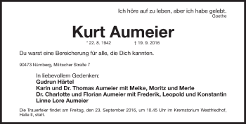 Traueranzeige von Kurt Aumeier von Gesamtausgabe Nürnberger Nachrichten/ Nürnberger Ztg.