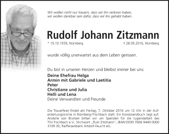 Traueranzeige von Rudolf Johann Zitzmann von Gesamtausgabe Nürnberger Nachrichten/ Nürnberger Ztg.