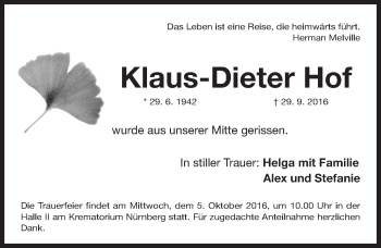 Traueranzeige von Klaus-Dieter Hof von Gesamtausgabe Nürnberger Nachrichten/ Nürnberger Ztg.