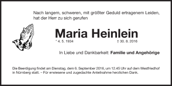 Traueranzeige von Maria Heinlein von Gesamtausgabe Nürnberger Nachrichten/ Nürnberger Ztg.