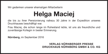 Traueranzeige von Helga Maciej von Gesamtausgabe Nürnberger Nachrichten/ Nürnberger Ztg.