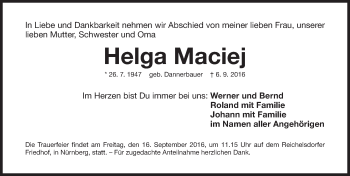 Traueranzeige von Helga Maciej von Gesamtausgabe Nürnberger Nachrichten/ Nürnberger Ztg.