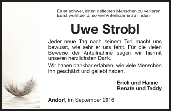 Traueranzeige von Uwe Strobl von Gesamtausgabe Nürnberger Nachrichten/ Nürnberger Ztg.