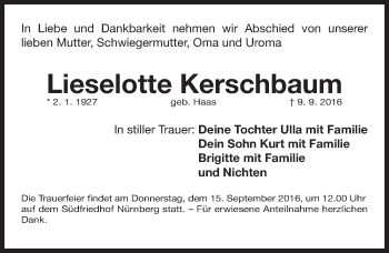 Traueranzeige von Lieselotte Kerschbaum von Gesamtausgabe Nürnberger Nachrichten/ Nürnberger Ztg.