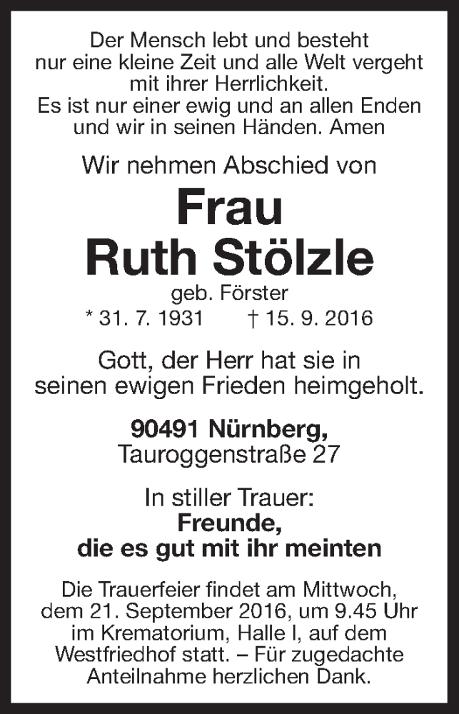  Traueranzeige für Ruth Stölzle vom 17.09.2016 aus Gesamtausgabe Nürnberger Nachrichten/ Nürnberger Ztg.