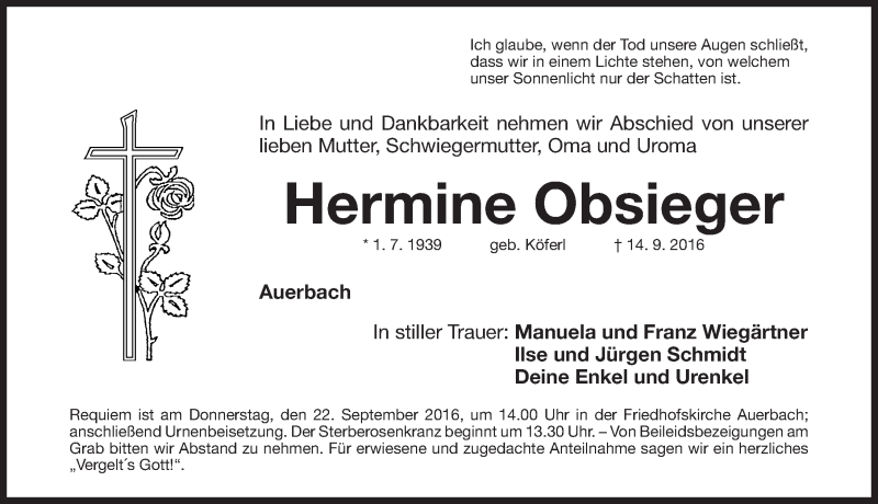  Traueranzeige für Hermine Obsieger vom 17.09.2016 aus Nordbayerische Nachrichten Pegnitz Lokal