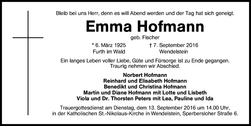  Traueranzeige für Emma Hofmann vom 12.09.2016 aus Schwabach