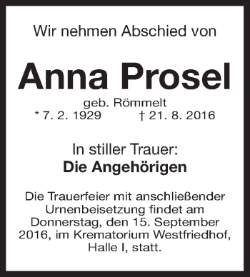 Traueranzeige von Anna Prosel von Gesamtausgabe Nürnberger Nachrichten/ Nürnberger Ztg.