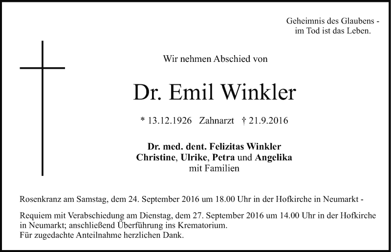 Traueranzeigen von Emil Winkler | trauer.nn.de